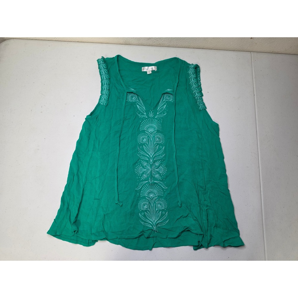Grace & Lace Emerald Green Embroidered Sleeveless Boho Top Size M